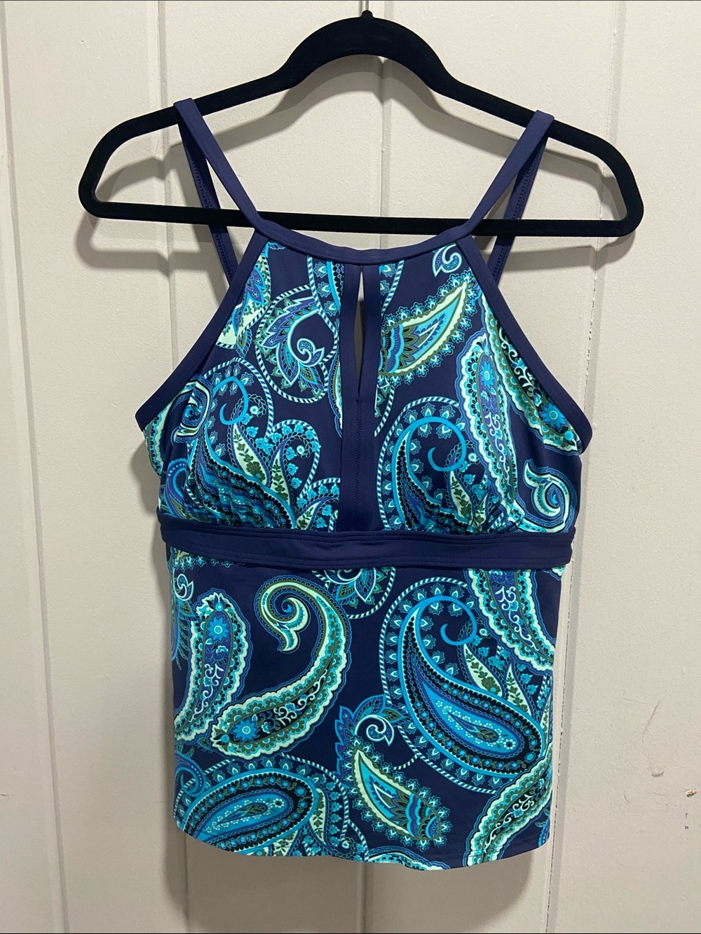 Lands' End Navy Paisley High-Neck Swim Top